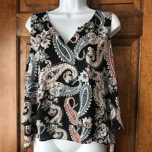 Metaphor Black w/Ivory Peach Blue Paisley Two-Tier V-Neck Tank Large